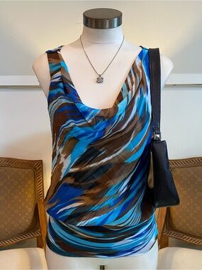 Vintage Cache Blue & Brown Swirl Sleeveless Cowl Neck Top, Sheer Y2K Boho